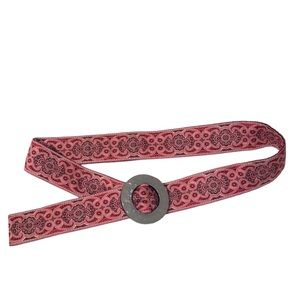 Womens Pink Cloth Belt Faux Abalone Mother of Pearl Round Resin Buckle Boho